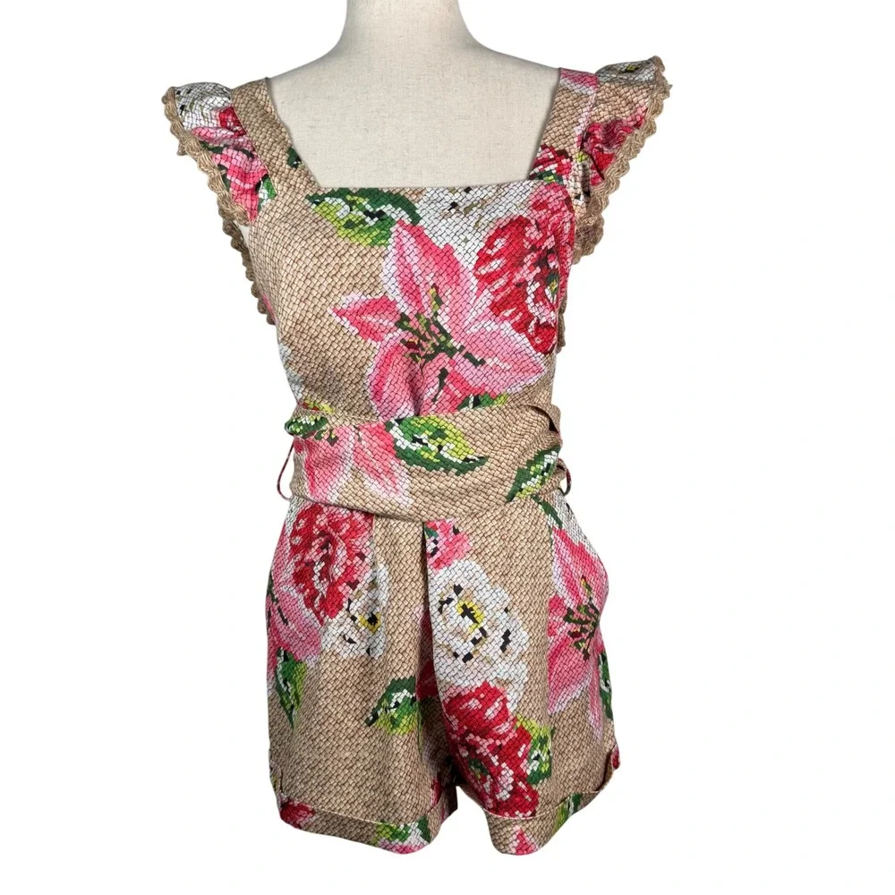 Farm Rio Floral Romper Womens Size S Beige Pink Linen Blend Boho Tropical Summer